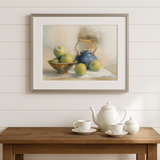 Framed still life painting of apples and a teapot on a wooden table with a white wall background.