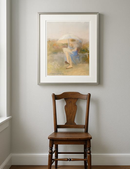 Framed watercolor painting on a wall above a wooden chair
