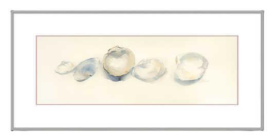 Framed watercolor of five shells on a beige background
