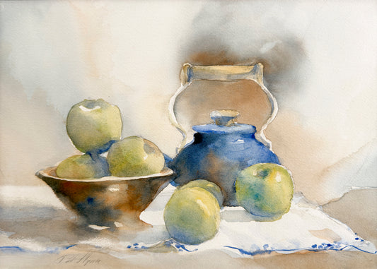 Watercolor still life painting of apples and a vase on a tablecloth.