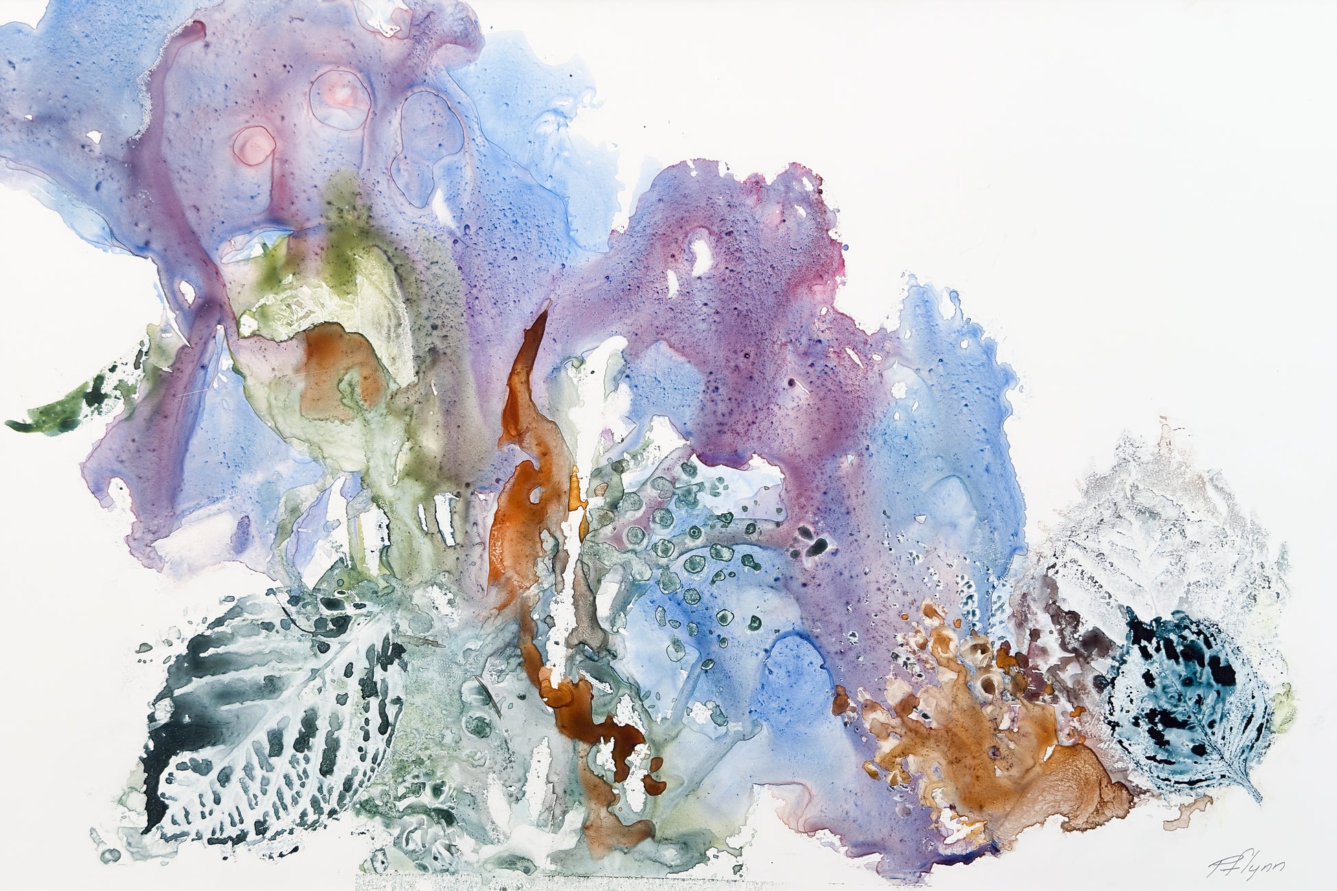 Abstract watercolor painting with splashes of purple, blue, and brown on a white background