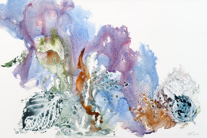 Abstract watercolor painting with splashes of purple, blue, and brown on a white background