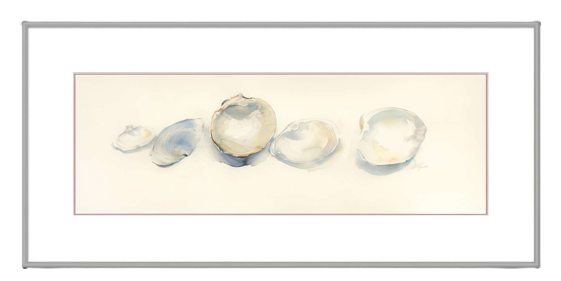 Framed watercolor of five shells on a beige background