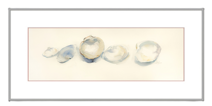 Framed watercolor of five shells on a beige background