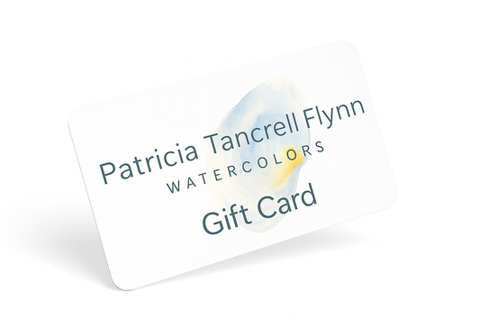 Gift card with 'Patricia Tancrell Flynn Watercolors' branding on a white background