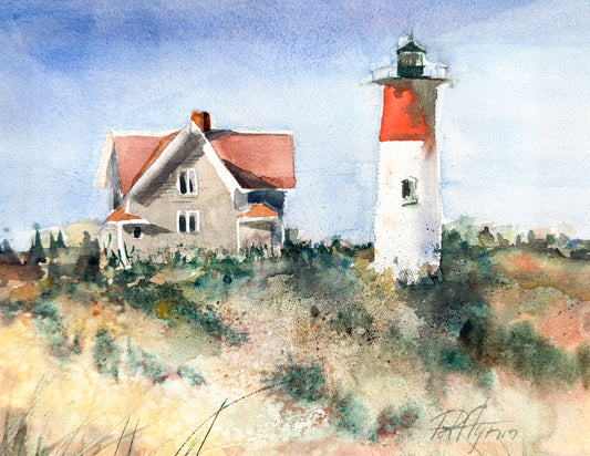 Watercolor painting of a lighthouse and house with a blue sky background
