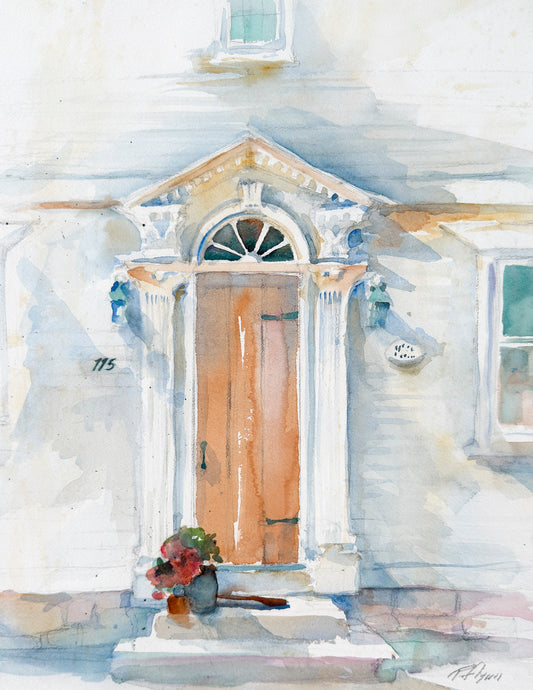 Watercolor painting of a house front with a door and steps.