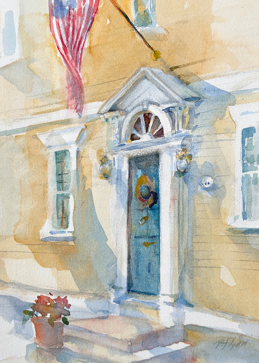 Watercolor painting of a building entrance with a door and flag