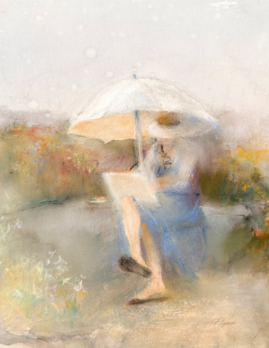 Artistic depiction of a person holding an umbrella in a misty landscape