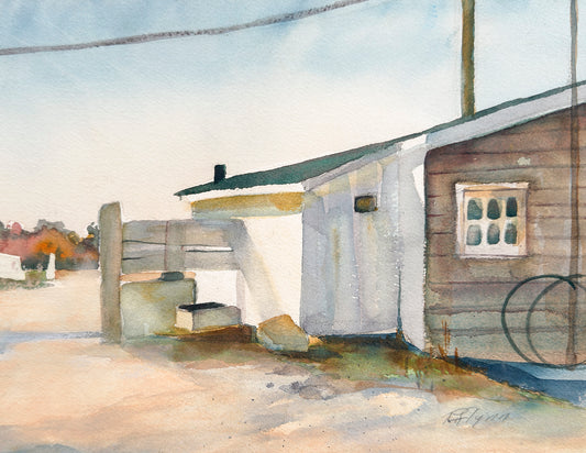 Watercolor painting of a rustic wooden cabin with a fence and open door, set against a cloudy sky.