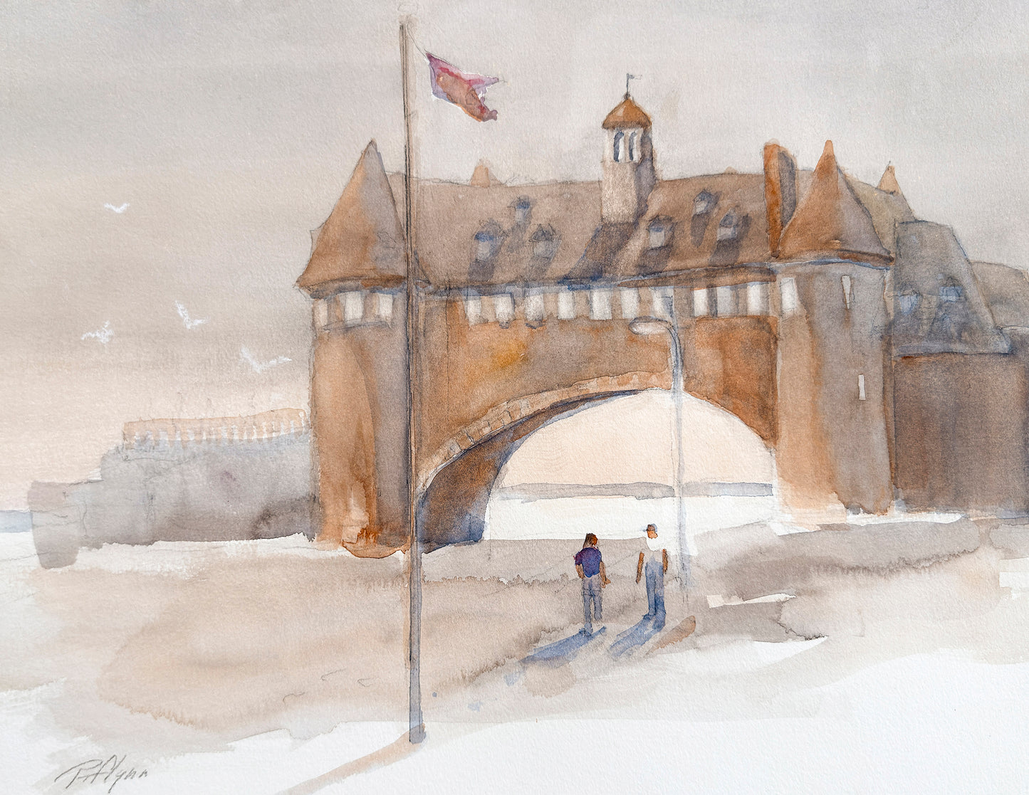 Watercolor painting of Narragansett Towers with two figures and a flag in the snow.