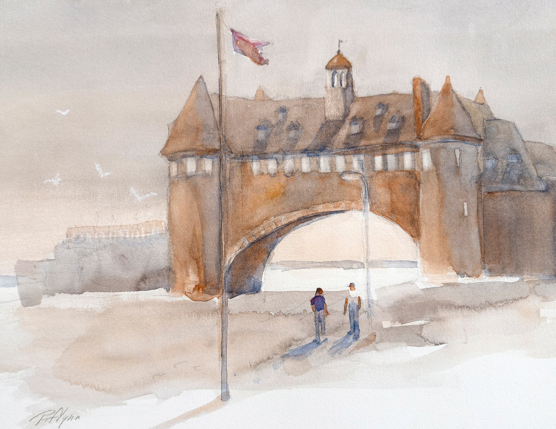 Watercolor painting of Narragansett Towers with two figures and a flag in the snow.