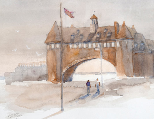 Watercolor painting of Narragansett Towers with two figures and a flag in the snow.